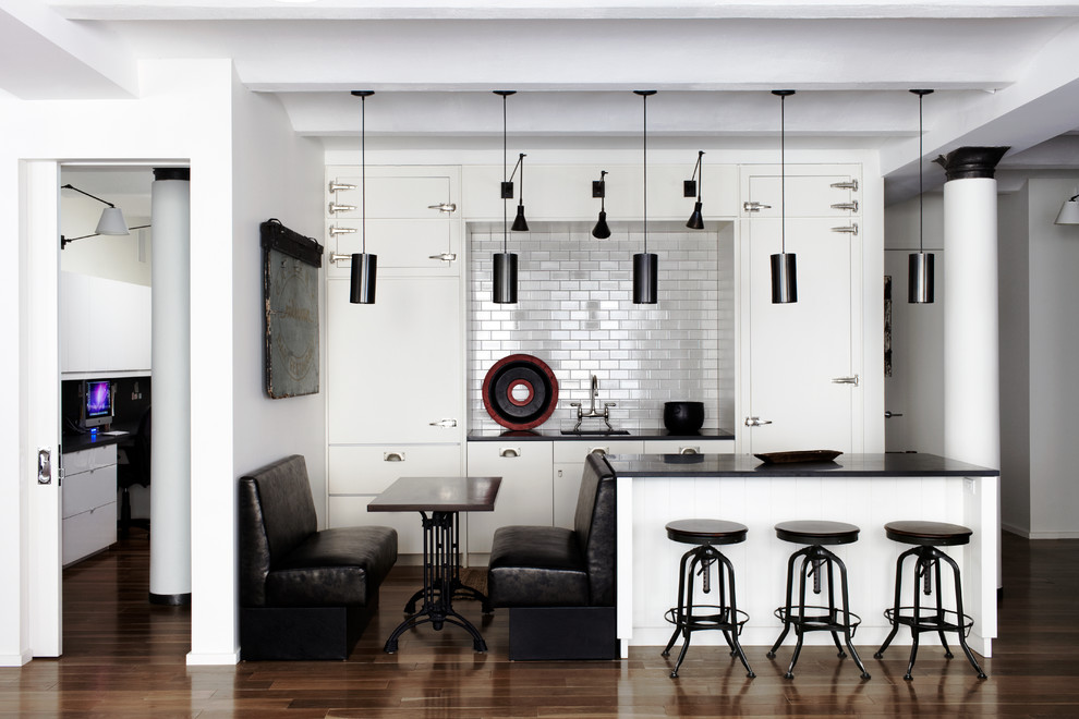 Crackled Subway Tile Kitchen Contemporary with Banquette Seating Black And
