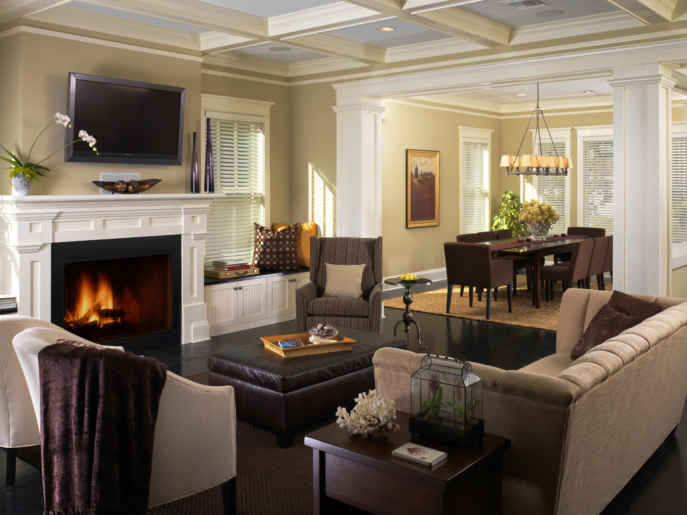 Craftsman Fireplace Mantel Living Room Traditional with Coffered Ceiling Ebony Stained