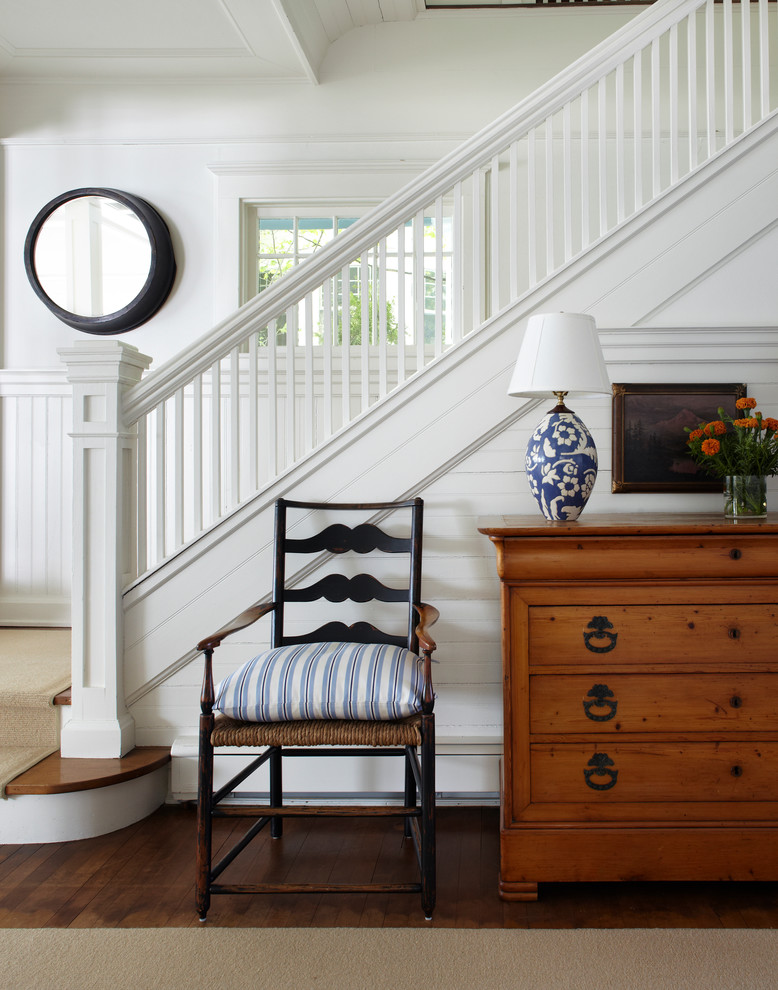 Craftsman Newel Post Staircase Beach with Banister Blue and White