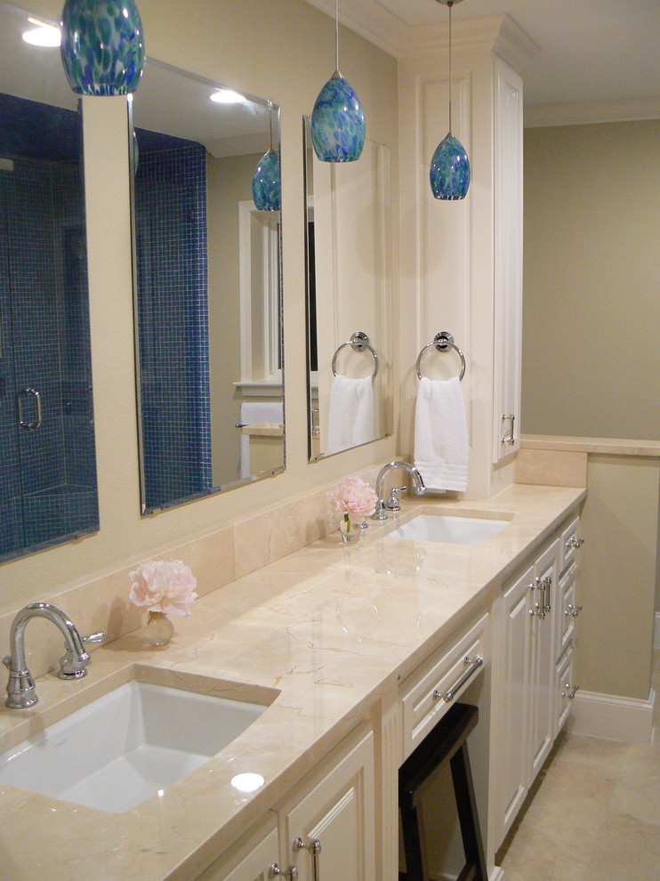 Crema Marfil Countertop Bathroom Contemporary with Blue Cabinet Calm Clean