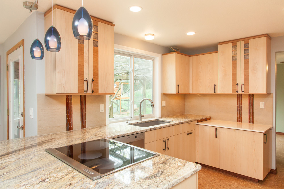 Crema Marfil Granite Kitchen Contemporary with Cabinets Cherry Cork Cork