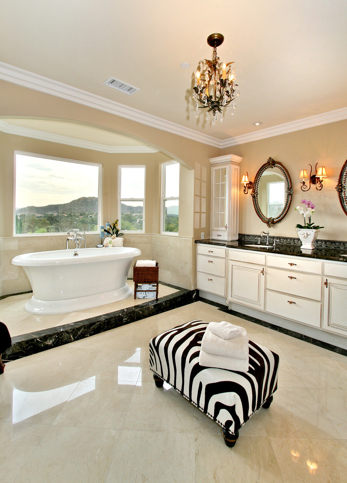 Crema Marfil Marble Bathroom Contemporary with Alcove Animal Print Ottoman