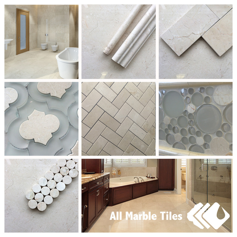Crema Marfil Marble Tile Spaces Contemporary with Backsplash Backsplash Tile Basket