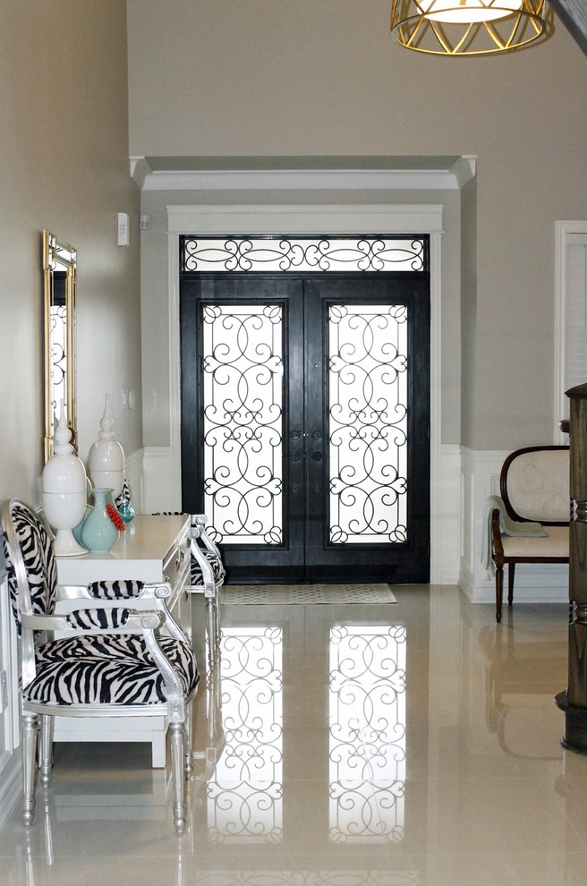 Crema Marfil Porcelain Tile Hall Eclectic with Ceiling Light French Settee