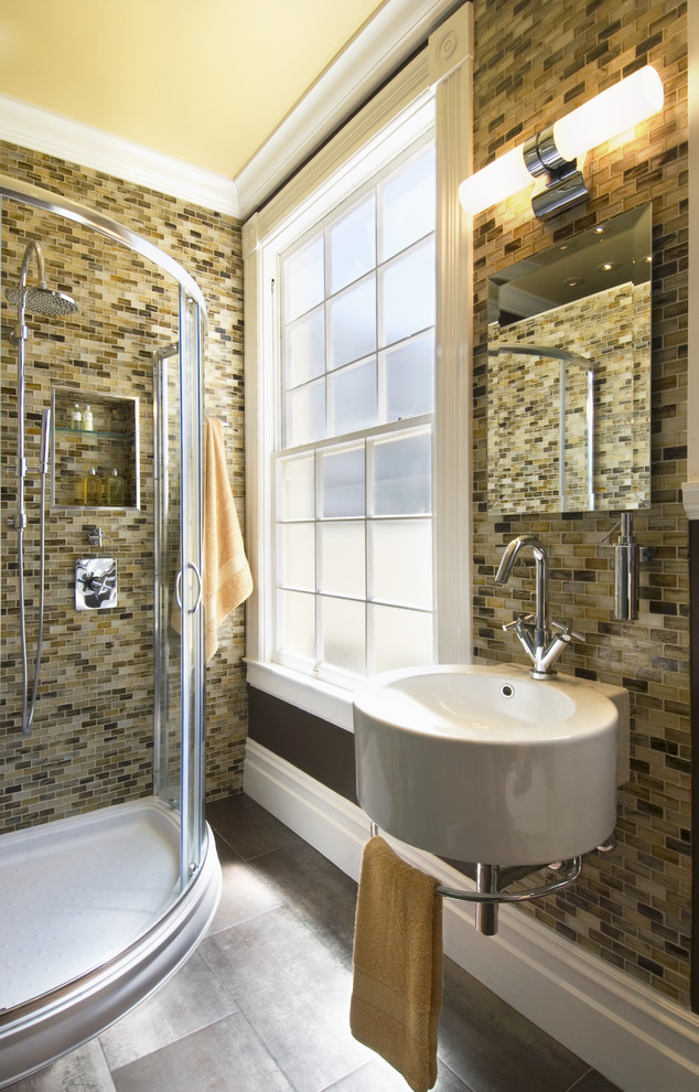 Cultured Marble Shower Bathroom Contemporary with Baseboard Beveled Mirror Built In