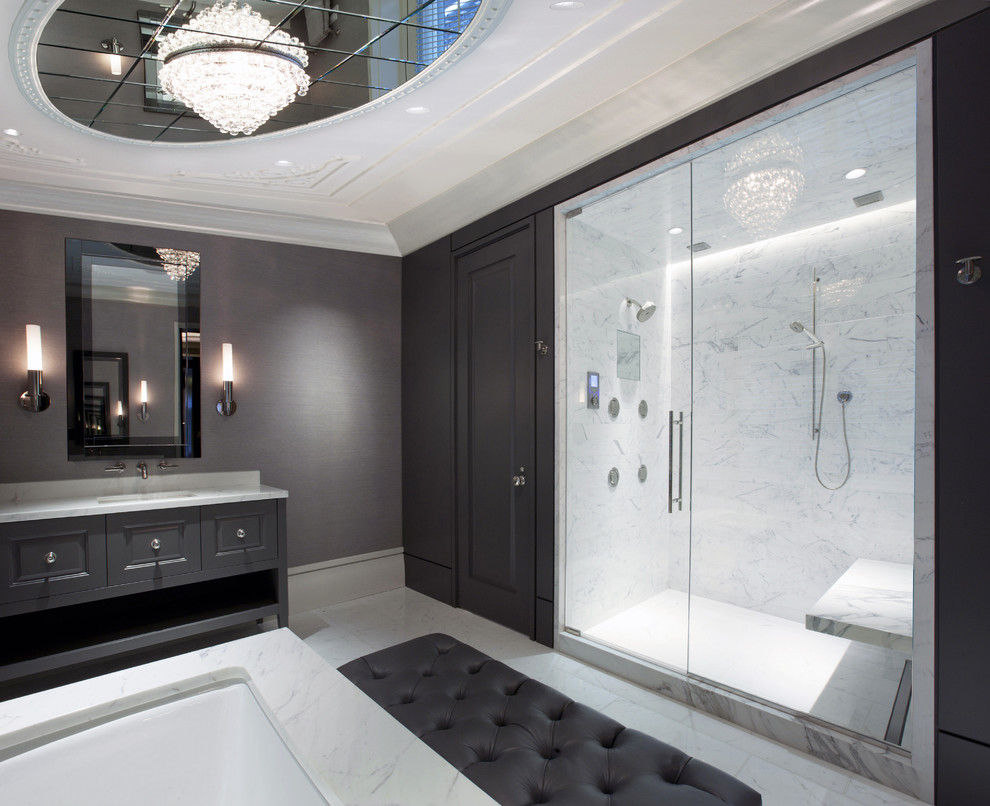 Cultured Marble Shower Pan Bathroom Contemporary with Beveled Mirror Ceiling Light