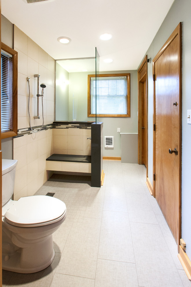 Curbless Shower Pan Bathroom Transitional with Aging in Place Bathroom
