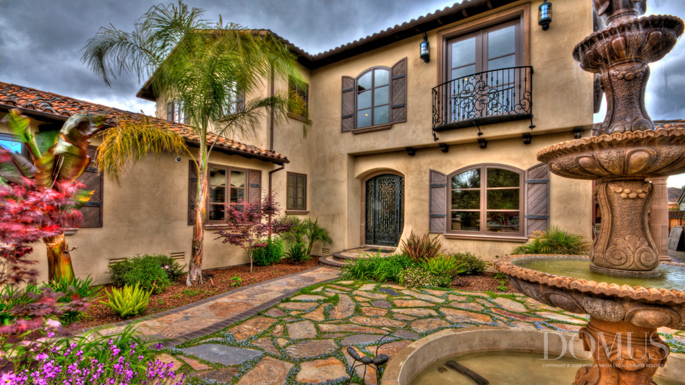 Curtain Rod Finials Exterior Mediterranean with Clay Tiles Hardscape Stucco