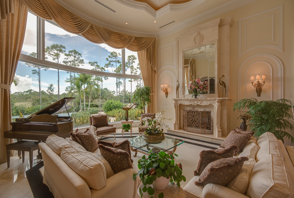 Curtains for Curved Windows Living Room Traditional with Beige Carved Stone Mantel