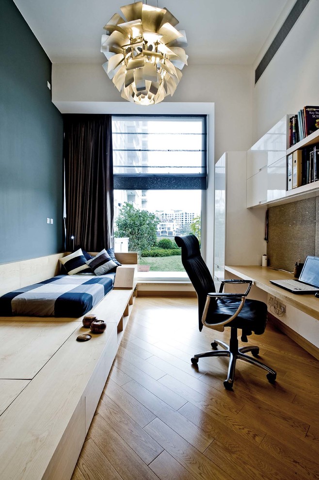 Curtains for Tall Windows Home Office Contemporary with Black Task Chair Blue