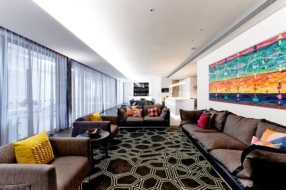 Curtains on Sliding Glass Doors Family Room Contemporary with Black and White Geometric