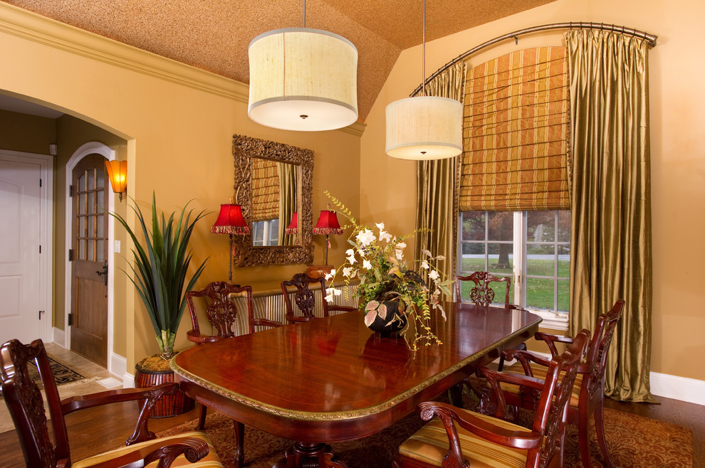 Curved Curtain Rod Dining Room Eclectic with Beige Drum Pendant Beige