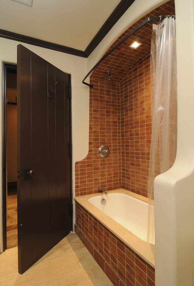 Curved Shower Curtain Rod Bathroom Mediterranean with Bathroom Tile Brown Custom