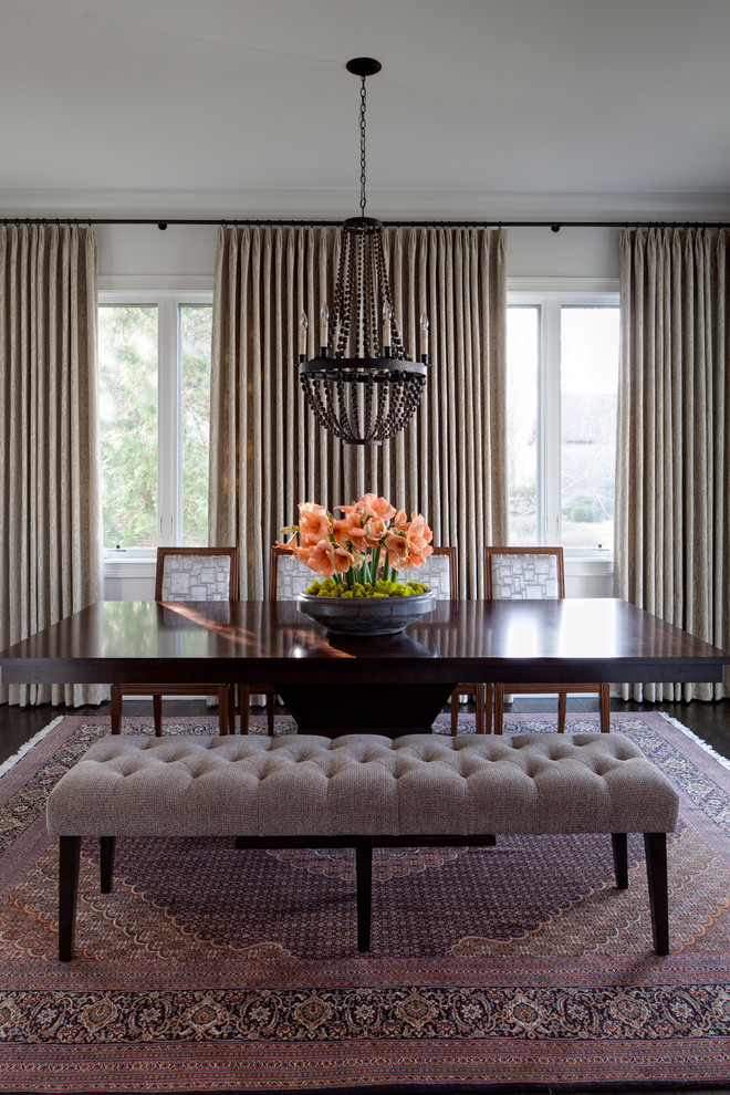 Curved Upholstered Bench Dining Room Transitional with Chandelier Crown Molding Oriental