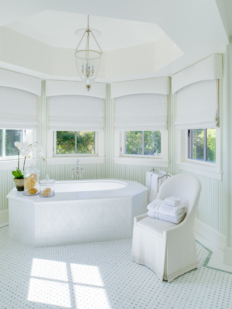 Curved Window Treatments Bathroom Mediterranean with Bay Freestanding Bathtub Glass