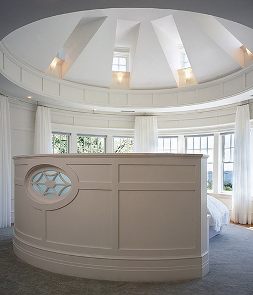 Curved Window Treatments Bedroom Modern with Built in Headboard Wall to Wall Windows