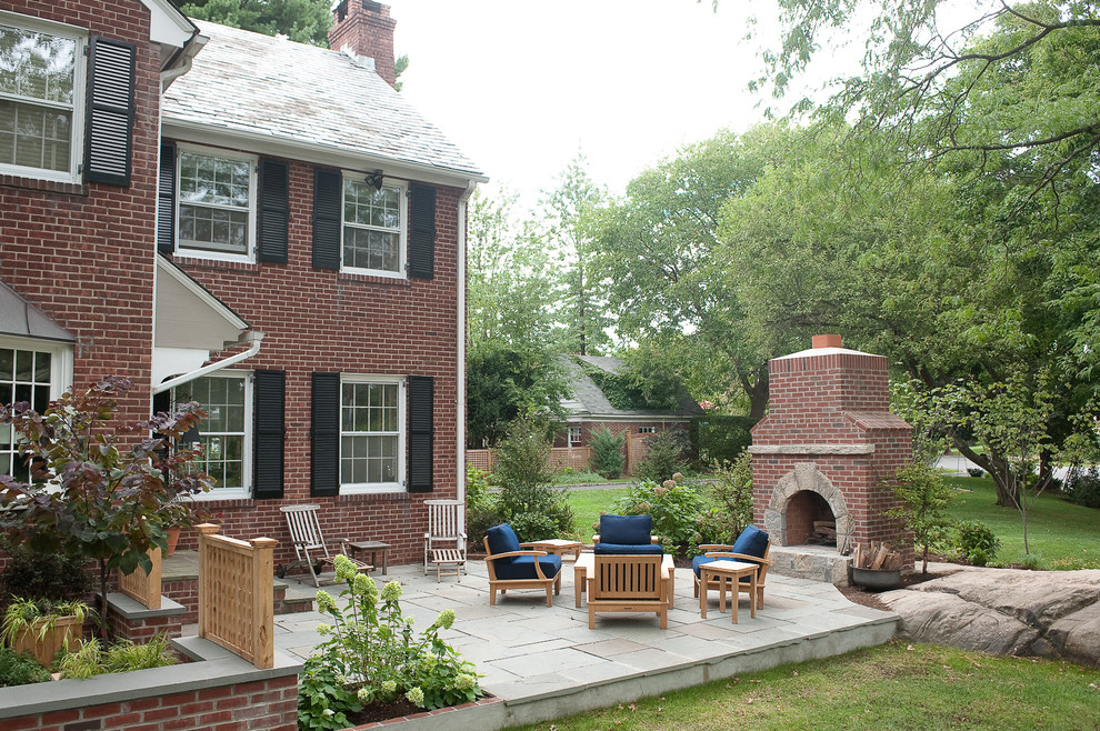Custom Outdoor Kitchens Landscape Eclectic with Blue Cushions Brick Fireplace