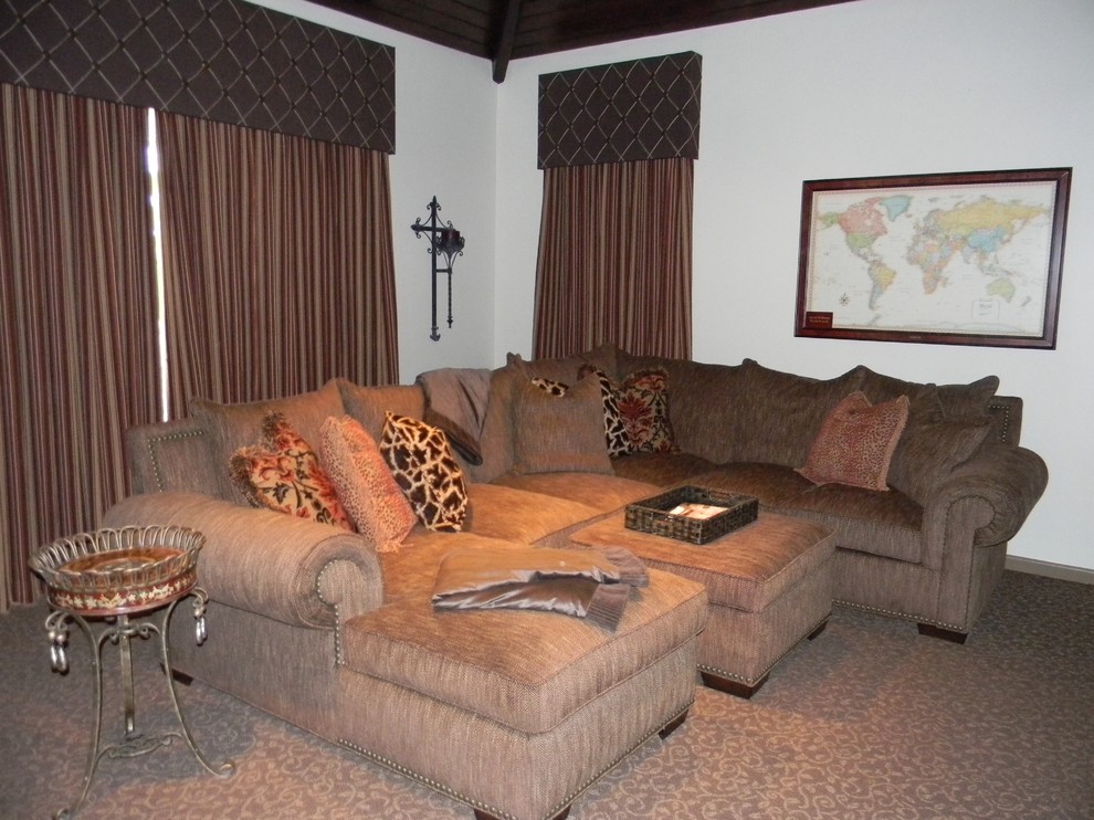 Custom Sectional Sofa Family Room Mediterranean with Custom Drapes and Cornice