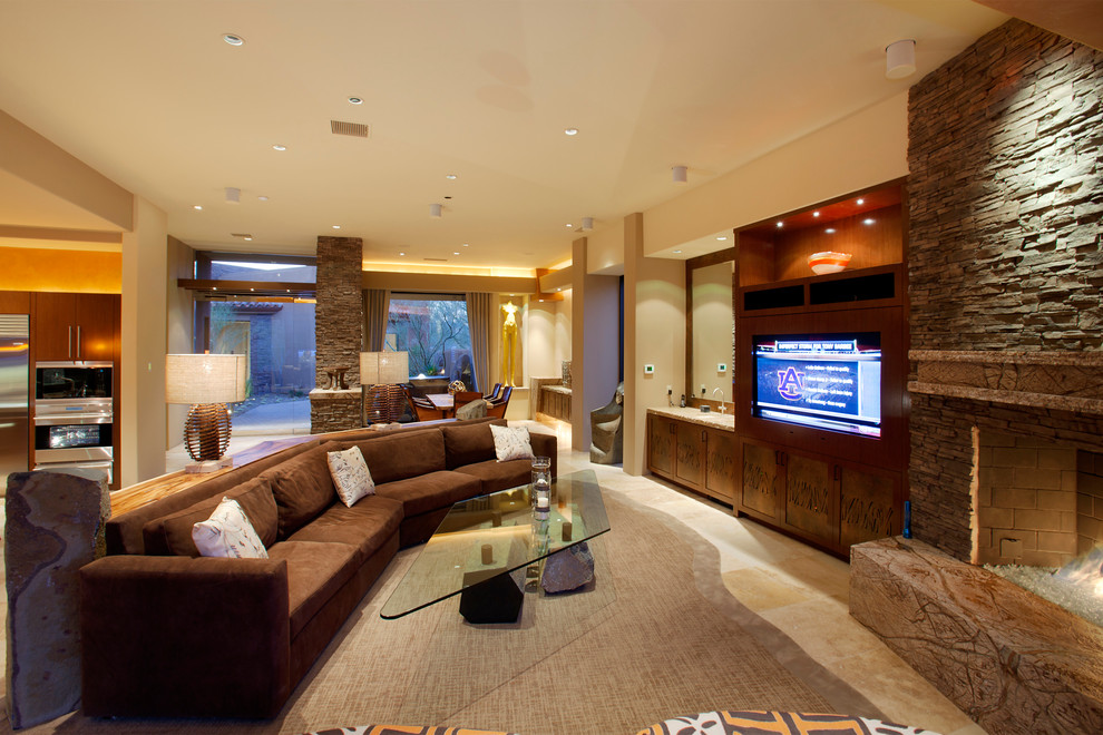 Custom Sectional Sofa Living Room Contemporary with Bar Area Basalt Columns