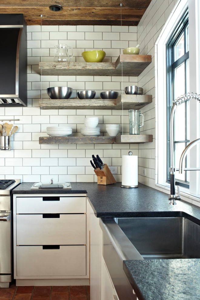 Custom Shelving Ideas Kitchen Transitional with Apron Sink Black Counter
