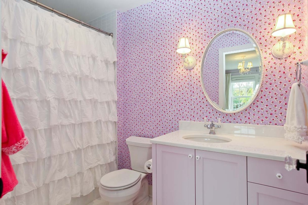 Cute Shower Curtains Bathroom Traditional with Oval Mirror Pink Cabinets