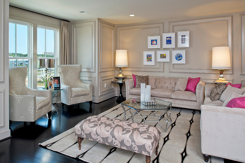 Cynthia Rowley Home Living Room Eclectic with Armchairs Bench Drapes Glass