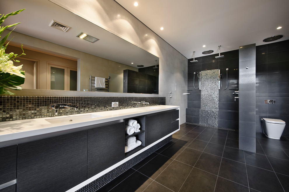 Dark Bathroom Cabinets Bathroom Contemporary with Brown Tile Brown Tile