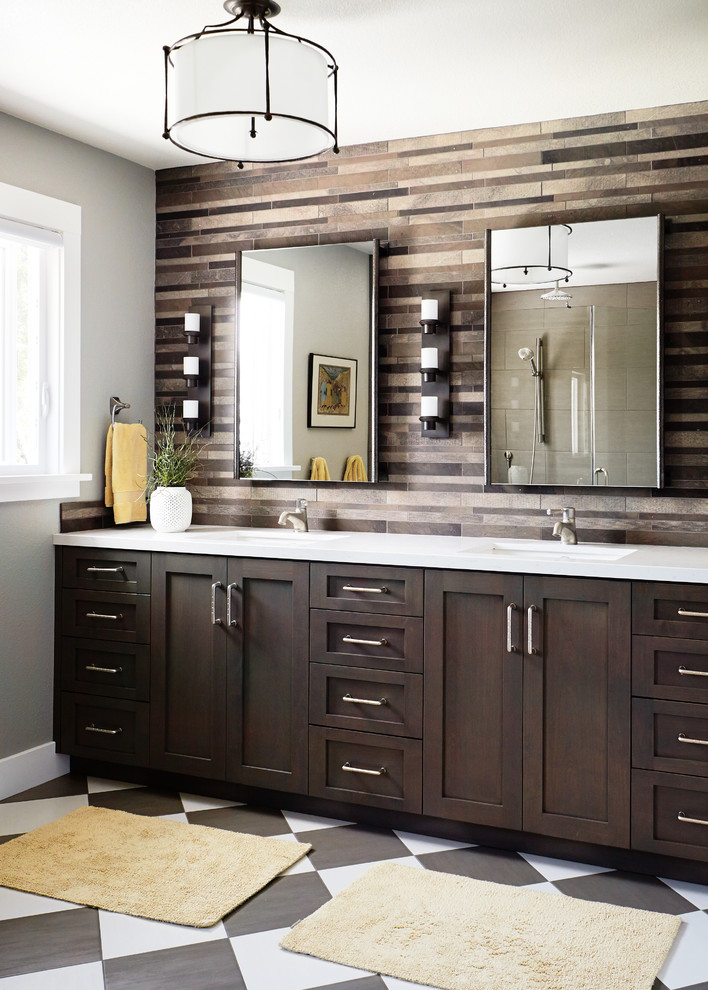 Dark Bathroom Vanity Bathroom Transitional with Accent Wall Black And