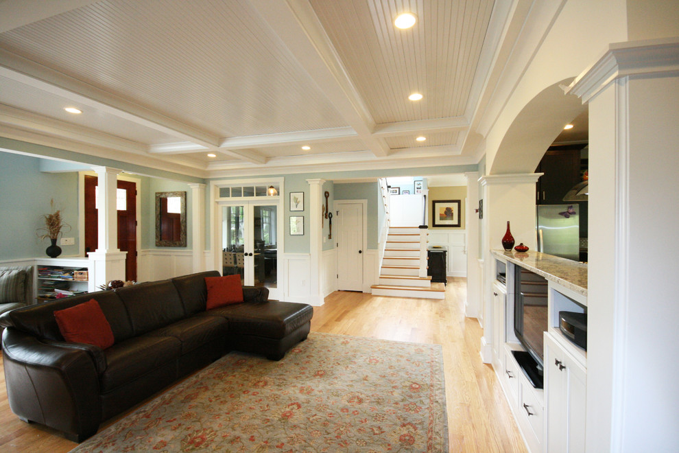Dark Brown Couches Family Room Eclectic with Arched Opening Bead Board