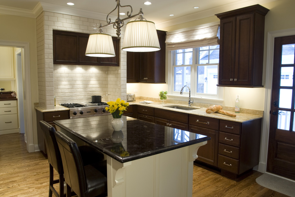 Dark Cherry Cabinets Kitchen Traditional with Appliances Barstools Breakfast Bar1