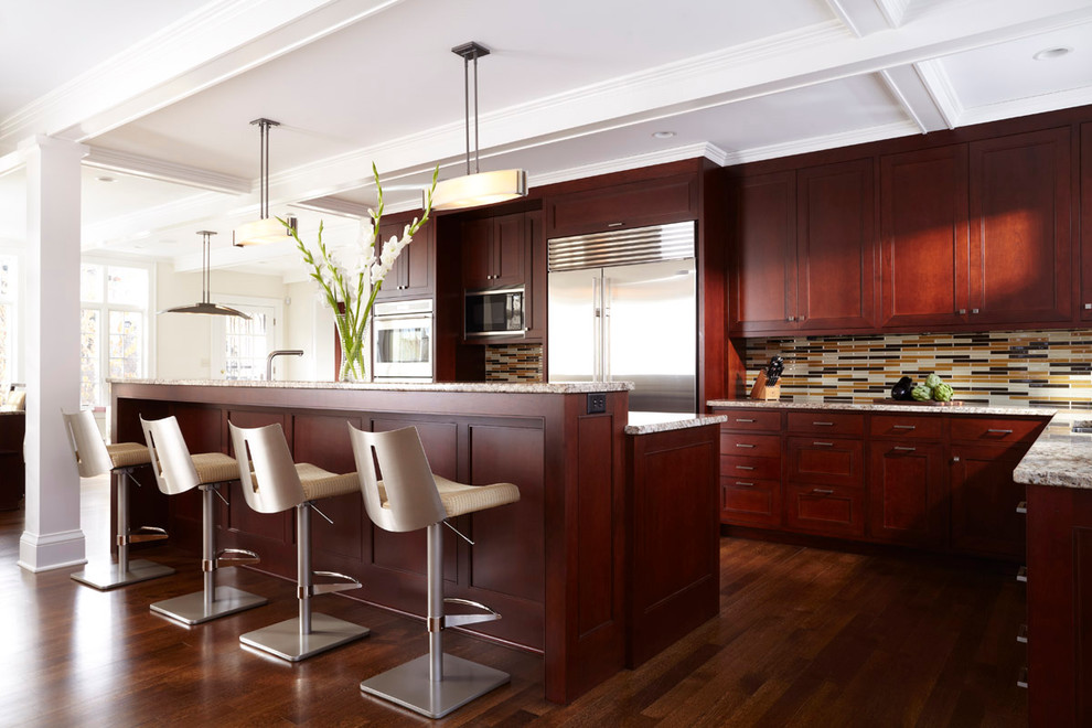 Dark Cherry Cabinets Kitchen Transitional with Beams Beige Bar Stools1