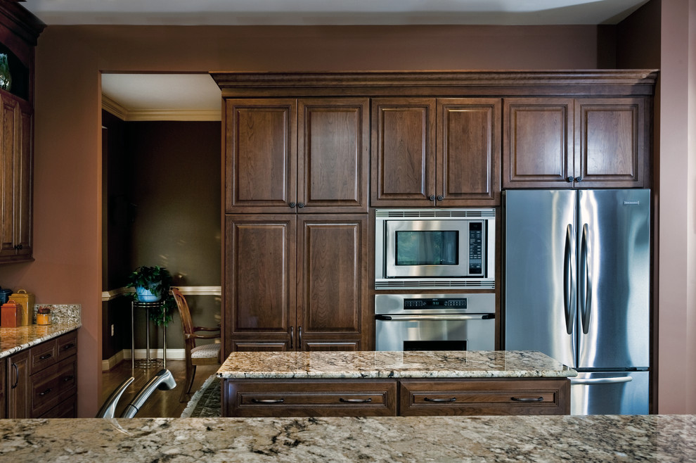 Dark Cherry Kitchen Cabinets Kitchen Traditional with Backsplash Brown Brown Tile