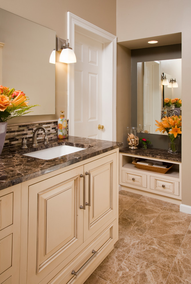 Dark Emperador Marble Bathroom Traditional with Accent Mosaic Bathroom Bench
