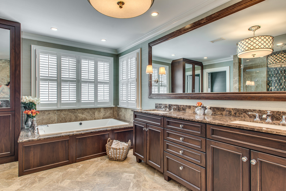 Dark Emperador Marble Bathroom Traditional with Beige Floor Circa Lighting