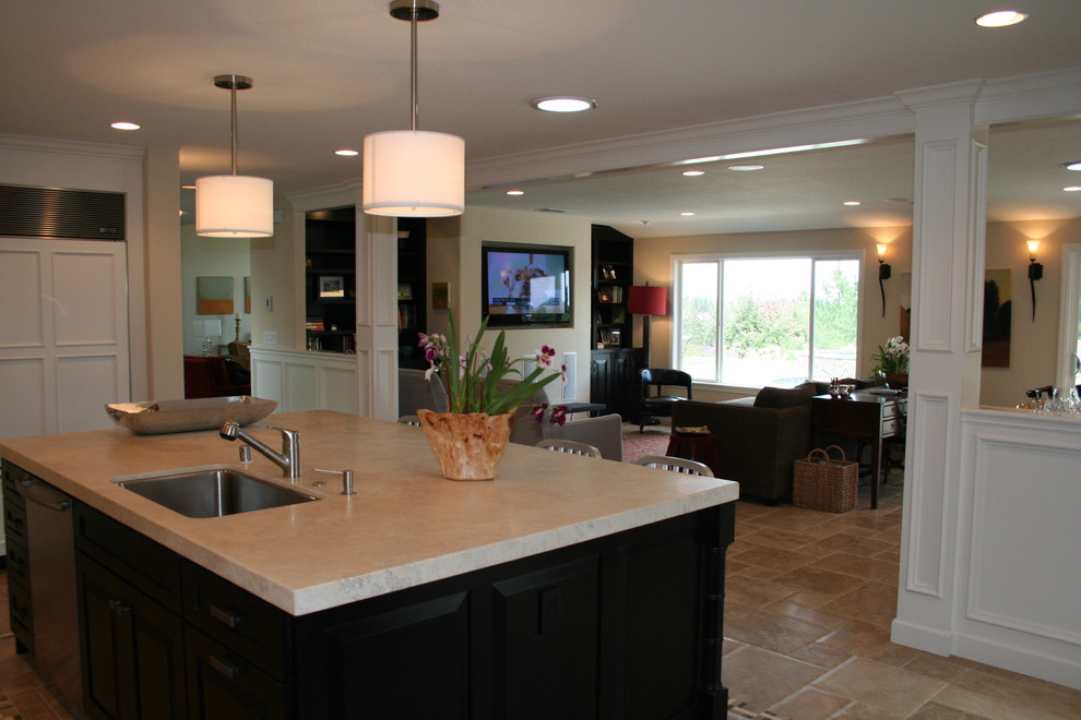 Dark Emperador Marble Kitchen Traditional with Aluminum Barstools Bar Stools