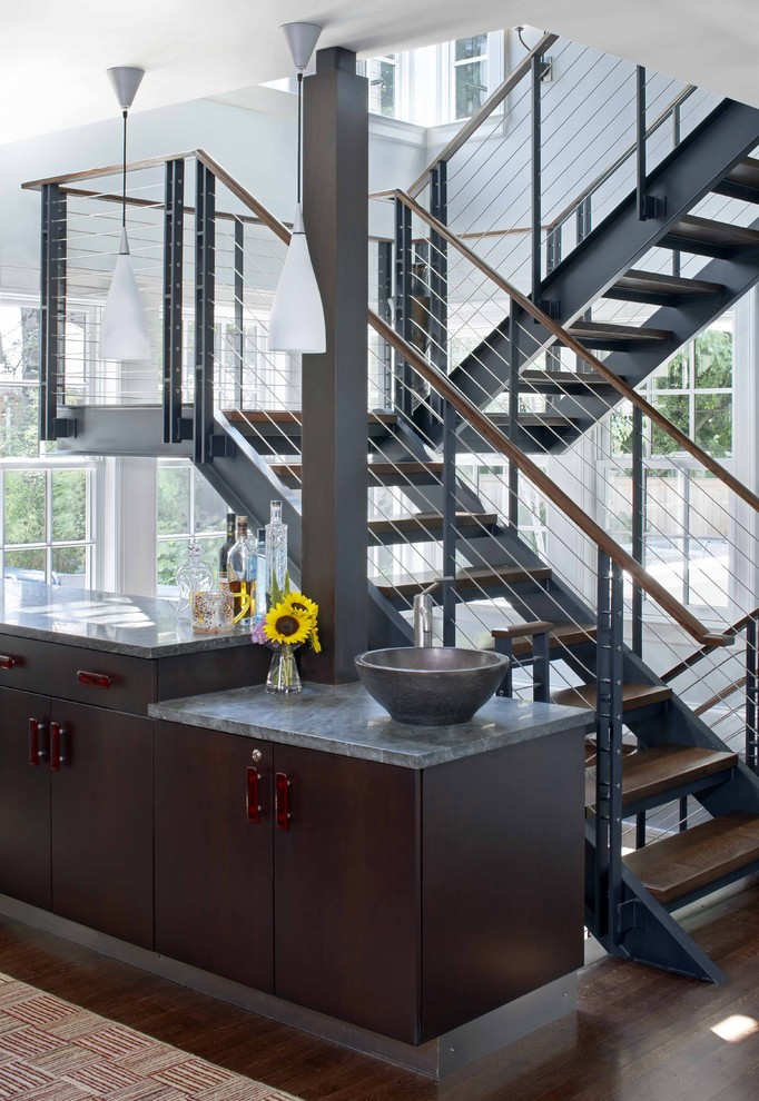 Dark Emperador Marble Staircase Contemporary with Atrium Banister Ceiling Lighting