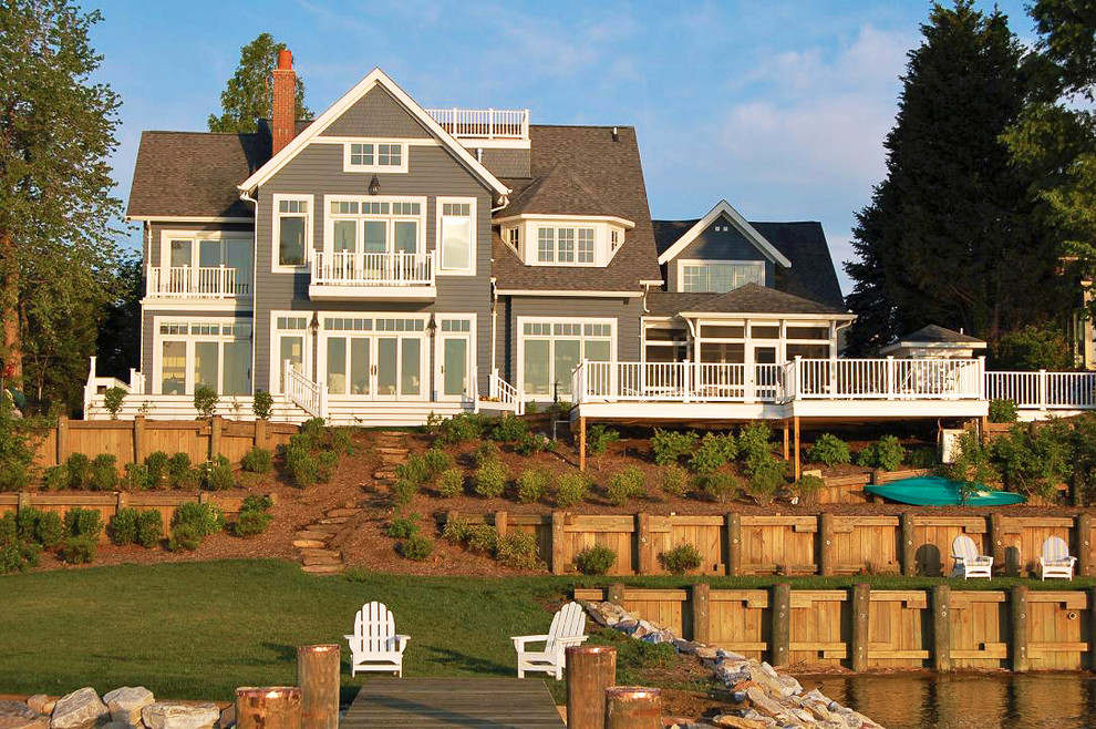 Dark Gray Siding Exterior Traditional with Adirondack Chairs Brick Chimney