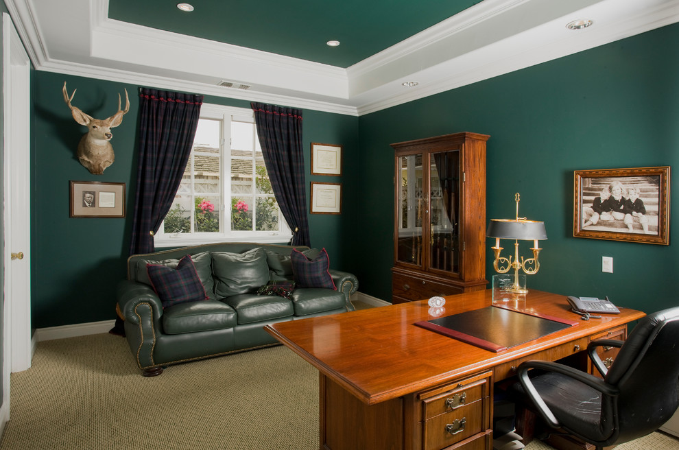 Dark Green Sofa Home Office Traditional with Animal Head Beige Carpet