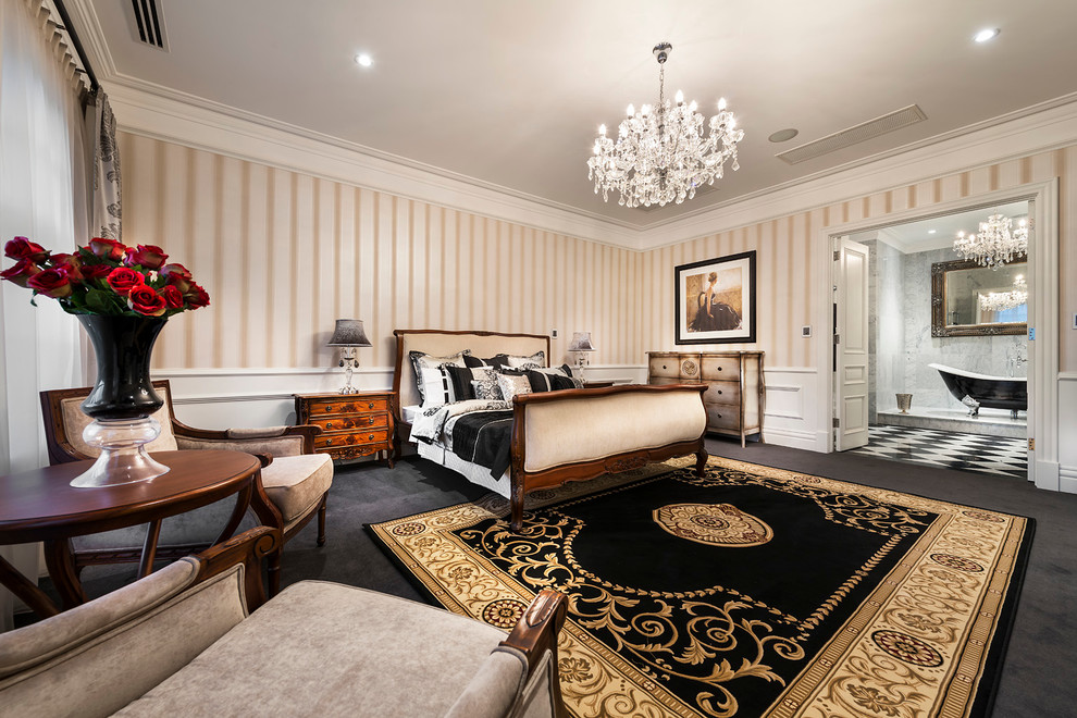 Dark Grey Carpet Bedroom Traditional with Beige Stripes Black And