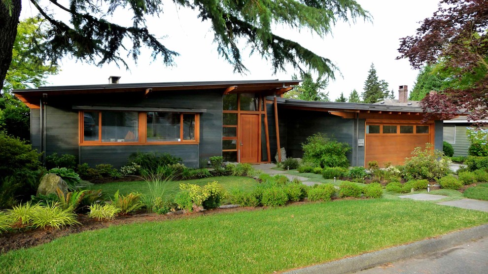 Dark Grey Siding Exterior Midcentury with Bushes Dark Gray Exterior