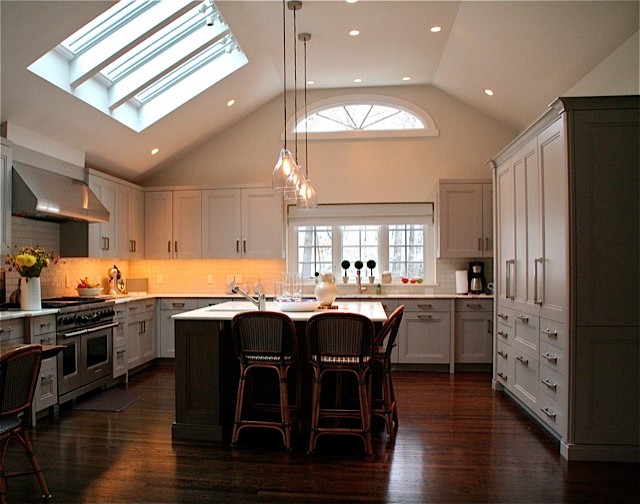 Dark Maple Cabinets Kitchen Transitional with Banquette Seating Beveled Trim