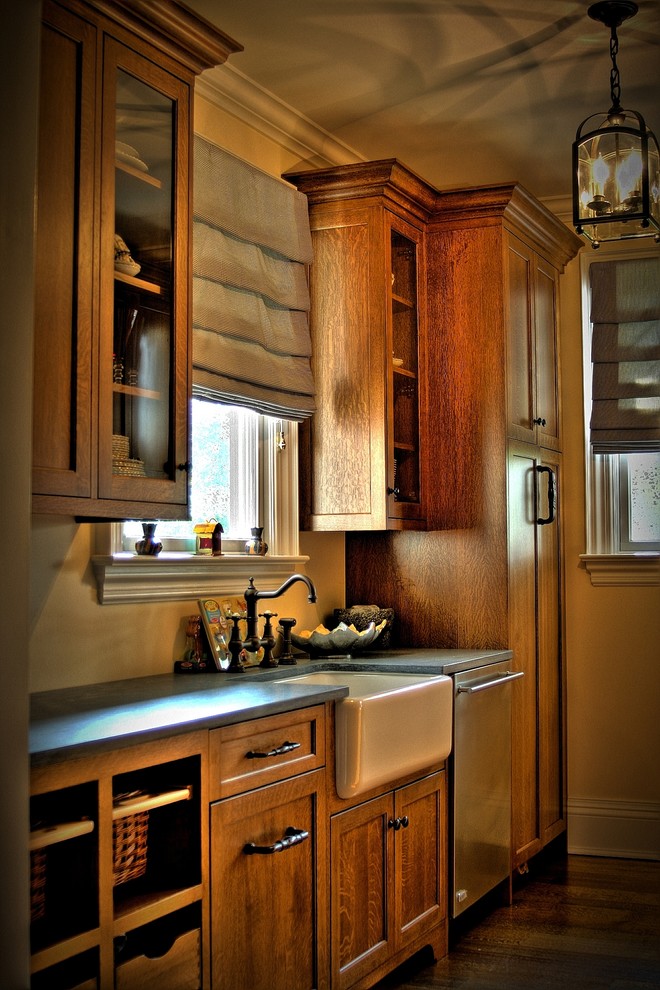 Dark Oak Cabinets Kitchen Farmhouse with Basket Blind Farmhouse Farmhouse
