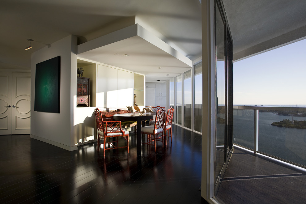 Dark Oak Floors Dining Room Contemporary with Bamboo Chairs Banquette Bench