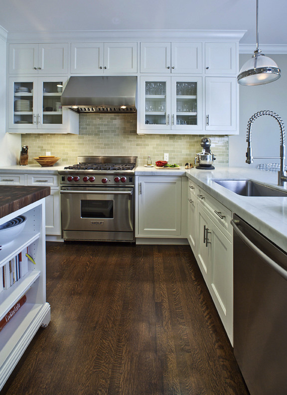 Dark Oak Floors Kitchen Traditional with Butcher Block Faucet Glass