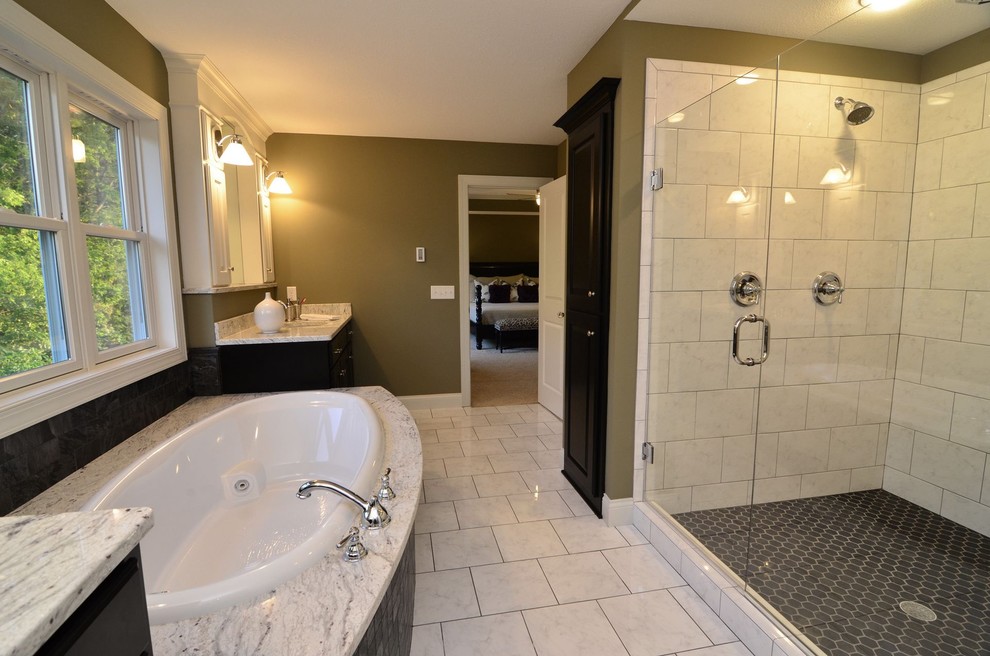 Dark Tile Flooring Bathroom Traditional with Black Glass Shower Enclosure