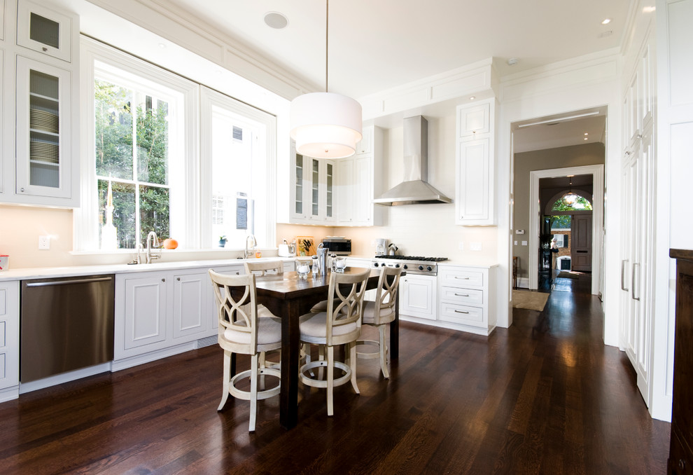 Dark Walnut Hardwood Floors Kitchen Traditional with Beige Backsplash Beige Counter