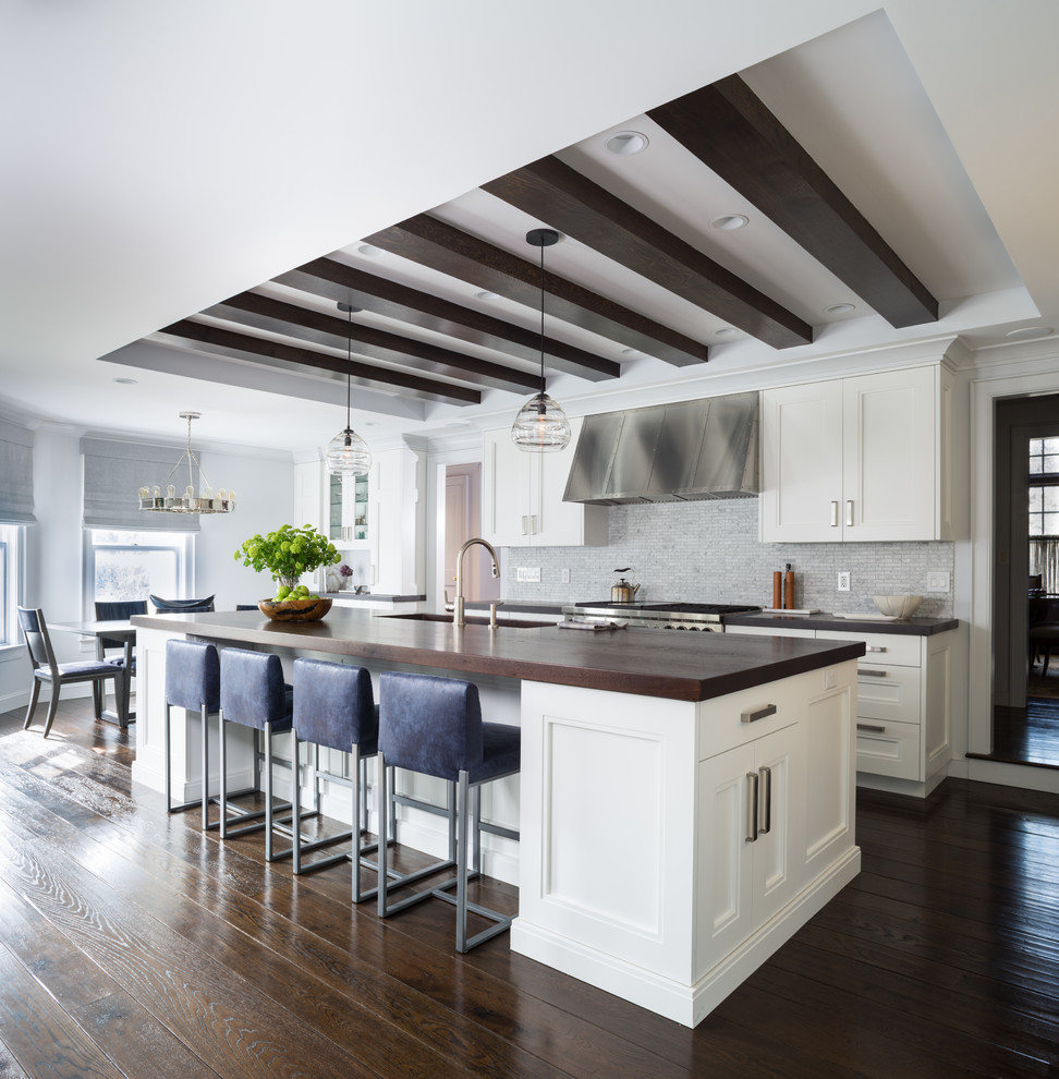 Dark Wood Countertops Kitchen Transitional with Blue Bar Stools Breakfast