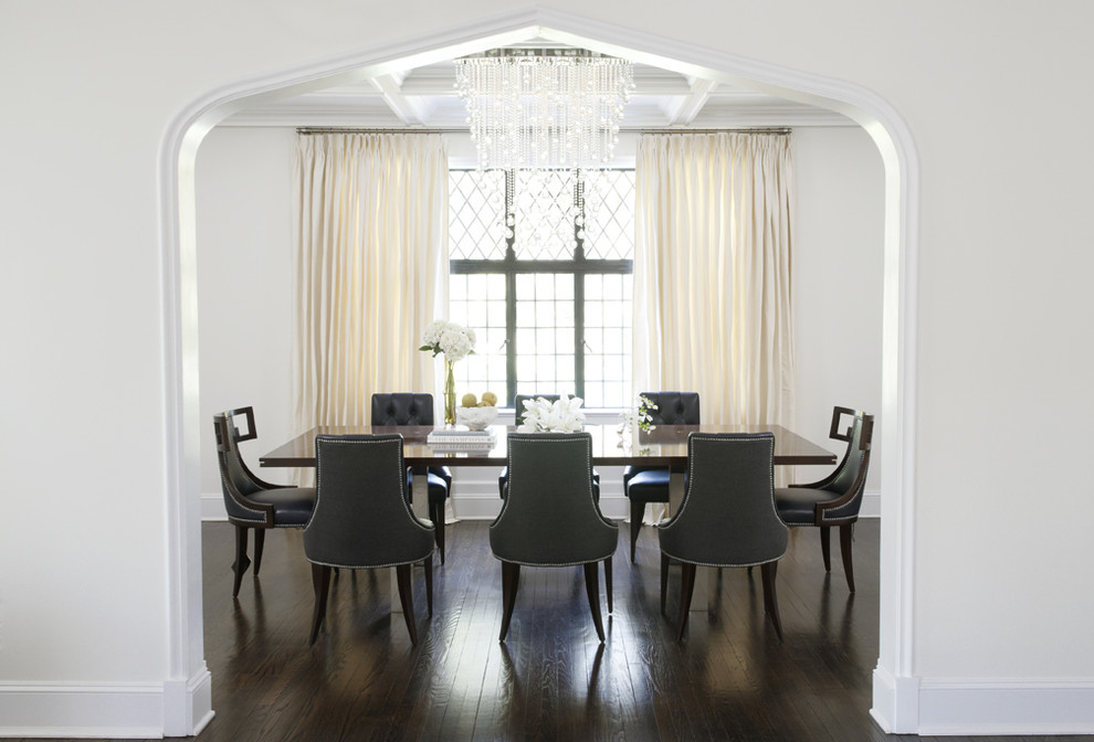 Dark Wood Floors Dining Room Contemporary with Arch Doorway Chandelier Coffered