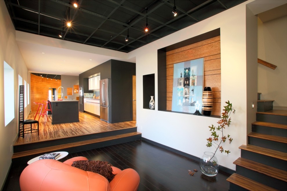Dark Wood Floors Family Room Contemporary with Armchair Built Ins Carpet