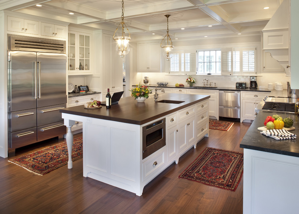 Dark Wood Floors Kitchen Traditional with Area Rugs Brass Pendant